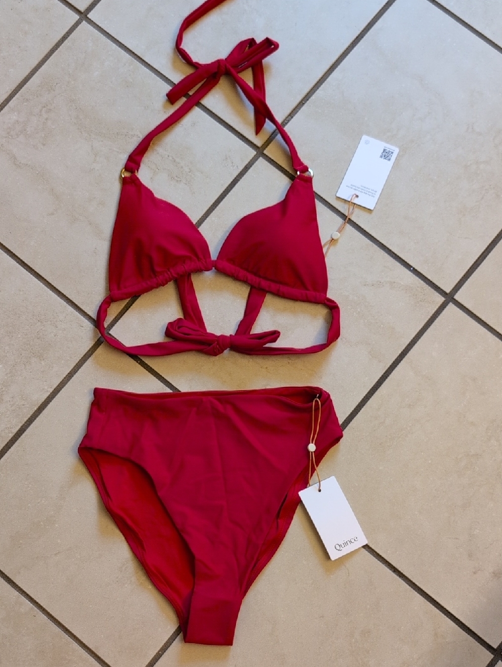 NWT Quince Bikini Set Top & Italian High-rise High-leg Bottom Cherry Red Size S - Picture 2 of 15